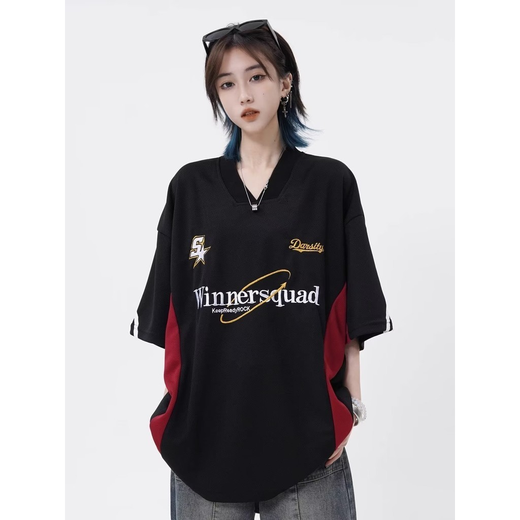 เสื้อยืดแขนสั้น คอวี พิมพ์ลายตัวอักษร ทรงหลวม คุณภาพสูง แบบเรียบง่าย แฟชั่นทันสมัย