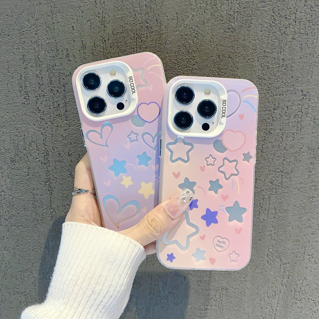 เคส iphone hone IP 11 12 IP 13 14 15plus 13 14 15 PROMAX Rainbow Gradient Love Little Star ปุ่มโลหะขั้นสูงเลนส์กรอบรูป