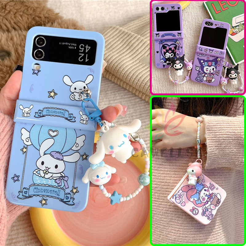 SAMSUNG น่ารักการ์ตูนลูกอมสุนัขสีบางปลอกโทรศัพท์ซัมซุง กาแลคซี Z พลิก5 Z พลิก6 Z พลิก4มุกตุ๊กตาสร้อยข้อมือกันกระแทกป้องกันฮาร์ดพีซีปกหลัง