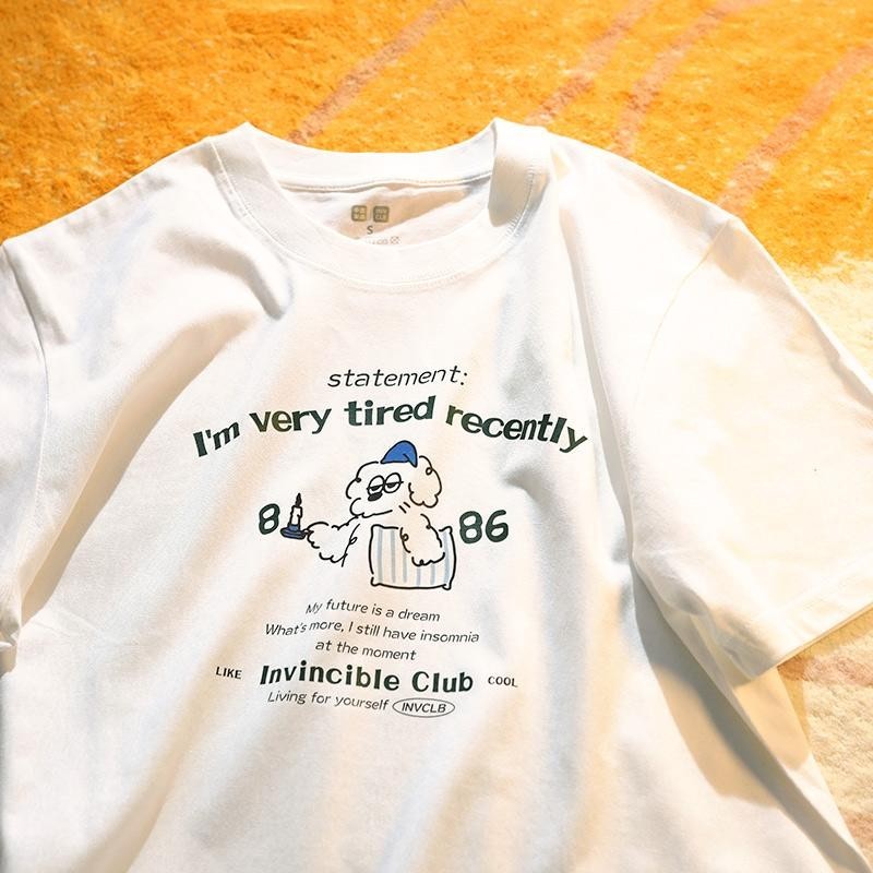 Lucifer （จัดส่งตลอด 24 ชั่วโมง） เกาหลี oversize คอกลม เสื้อยืด CMDXY0083 ผ่อน ผ้าคอตตอน ลายสกรีน ฤดูร้อน สบาย