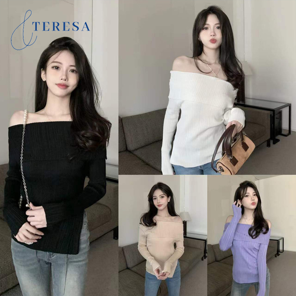 เสื้อยืดหญิง เสื้อไหมพรมปาดไหล่ แขนยาว ผ้านิ่มใส่สบาย