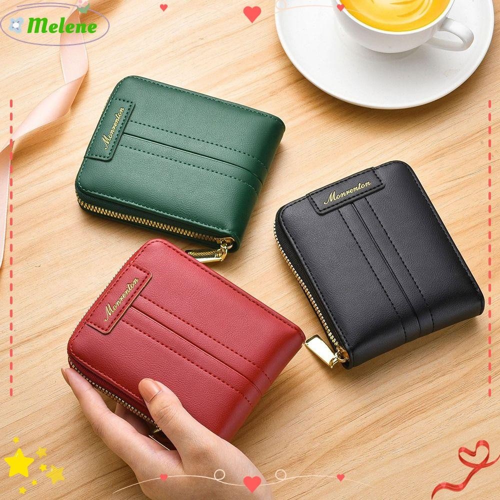 Melene กระเป๋าสตางค์ ใบสั้น หนัง PU มีซิป สีพื้น เรียบง่าย ใส่บัตรเครดิตได้ มีหลายช่อง สําหรับผู้หญิง