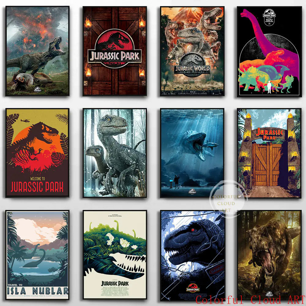 Vintage Jurassic Park ภาพยนตร์โปสเตอร์และพิมพ์ไดโนเสาร์ผ้าใบภาพวาด Wall Art ภาพสําหรับห้องนั่งเล่นเด็กตกแต่งบ้าน 0WPH