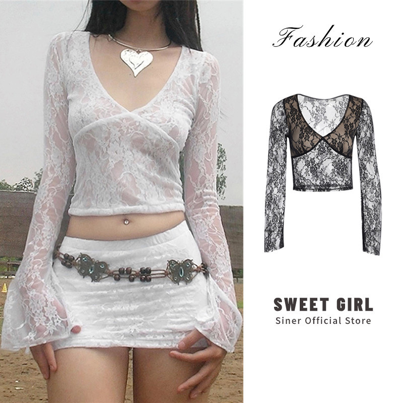 เทศกาลสงกรานต ผู้หญิงลูกไม้crop Tops Fairy Grunge Vคอดูผ่านเชียร์ตาข่ายTเสื้อPunk Slim Fitเสื้อแขนยาว
