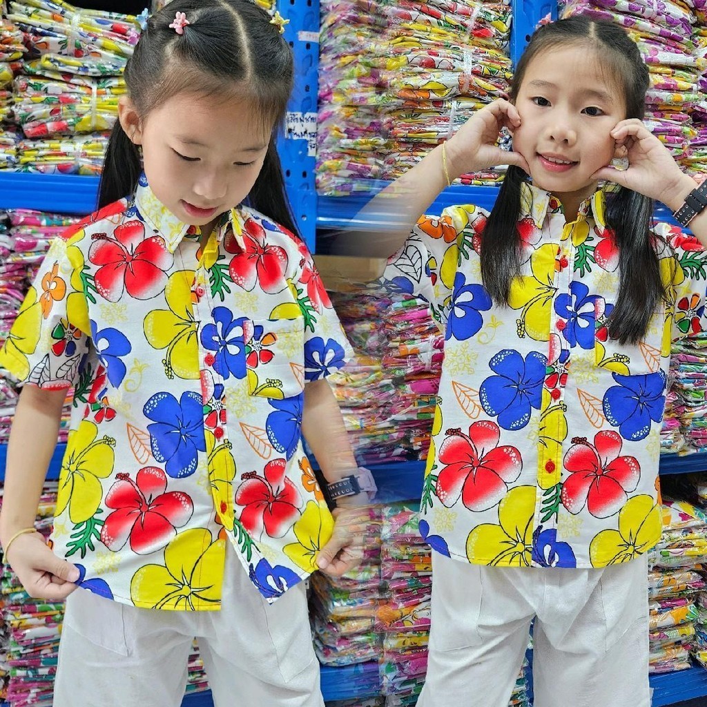 K014เสื้อสงกรานต์เด็กลายดอก ผ้าคอตตอน100% สินค้า