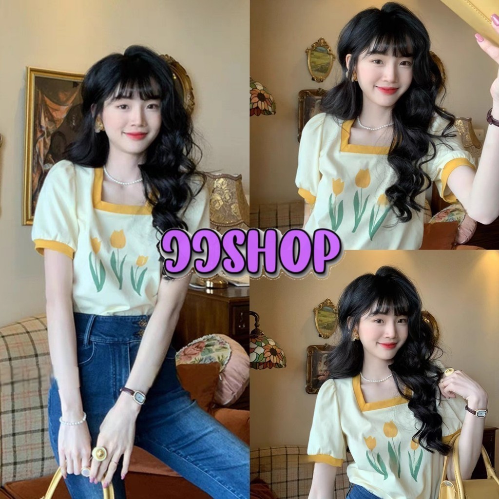 JJ Shop​ ​พร้อมส่ง เสื้อไหมพรมแขนสั้น คอเหลี่ยม ลายดอกไม้น่ารักเกาหลีๆ "9Q32"