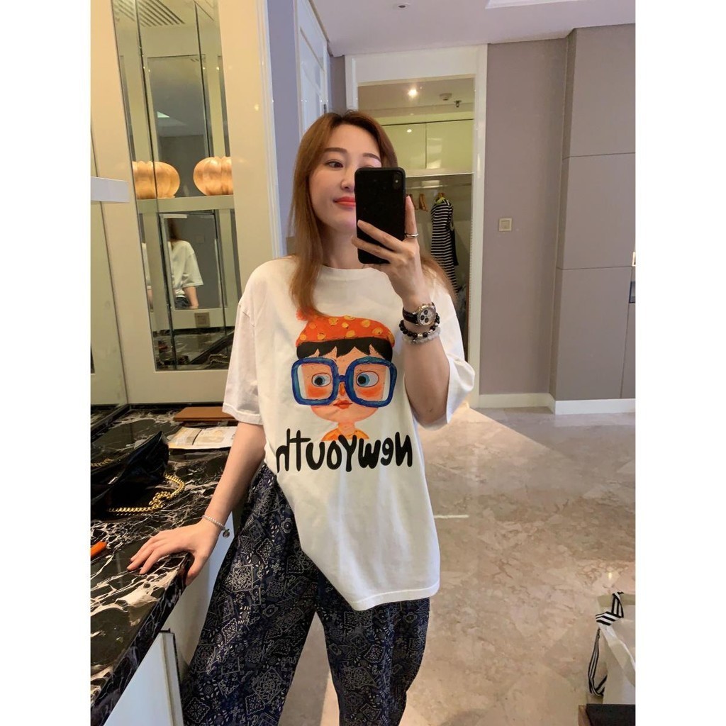 เกาหลี เสื้อแบบดารา เสื้อยืดแขนสั้น CMDXY0311 ผู้ชาย ผู้หญิง ลายทาง ตัวอักษร หลวม ลายสกรีน ฤดูร้อน ฤดูใบไม้ผลิ