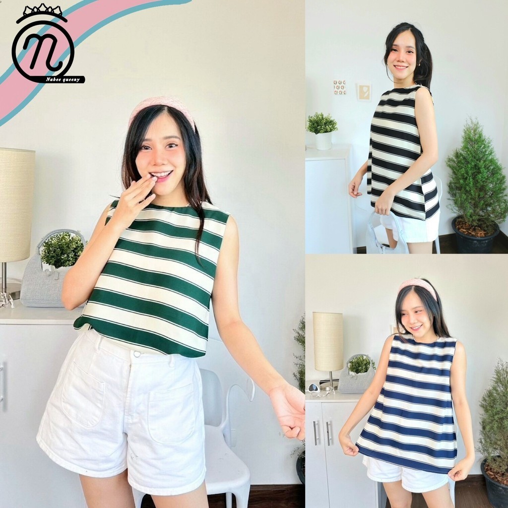 Nabee queeny เสื้อกล้าม คอกลม ลายริ้วไม่มีตกเทรนด์ เรียบง่าย มีระดับ ไฮโซ หรูหรา งานป้าย proud by up