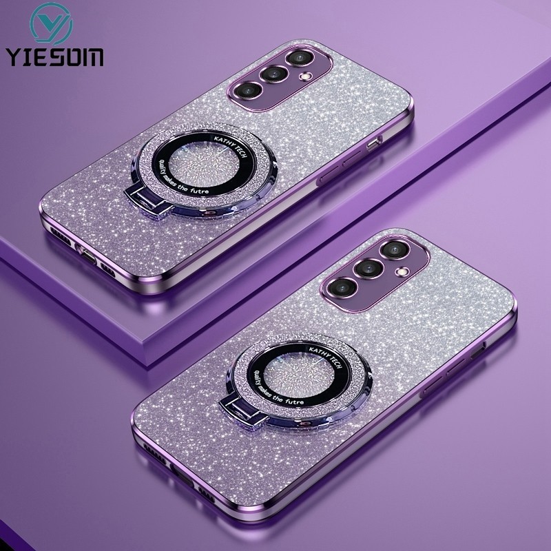 แม ่ เหล ็ กไล ่ ระดับซิลิโคนสําหรับ Samsung Galaxy A15 A25 A35 A55 5G A14 A24 4G A34 A54 5G Glitter Bling ชาร ์ จไร ้ สายผู ้ ถือขาตั ้ งฝาครอบ