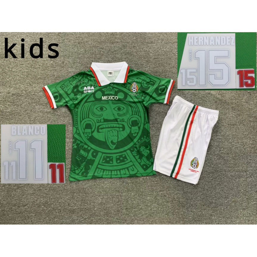 เสื้อกีฬาแขนสั้น ลายทีมชาติฟุตบอลเม็กซิโก 98 Mexico 11 คุณภาพสูง สไตล์วินเทจ สําหรับเด็ก【16-28】#BLANCO