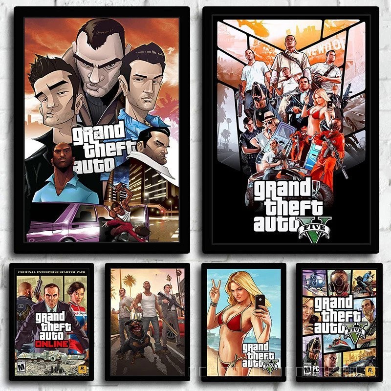 Grand Theft Auto Game Role Retro โปสเตอร์ GTA 5 รูปภาพ เกม ห้องนั่งเล่น ภาพวาดผ้าใบ คุณภาพศิลปะ ตกแต่งผนังบ้าน