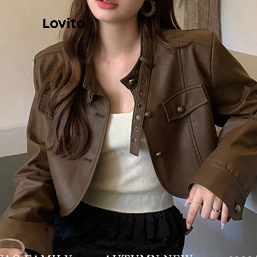 Lovito เสื้อแจ็กเก็ตผู้หญิง สไตล์ลำลอง สีพื้น มีซิป LNA29347 (กาแฟ)