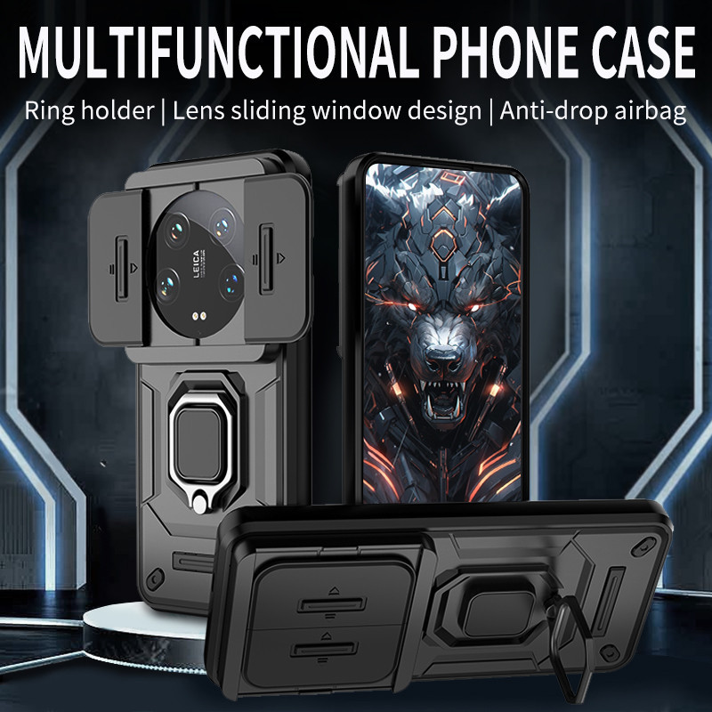 สําหรับ Xiaomi 14 Ultra เคส ELVEV กันกระแทก TPU นิ่ม + ฮาร์ดพีซีสไลด์เลนส์กล้องแหวนป้องกันขาตั้ง