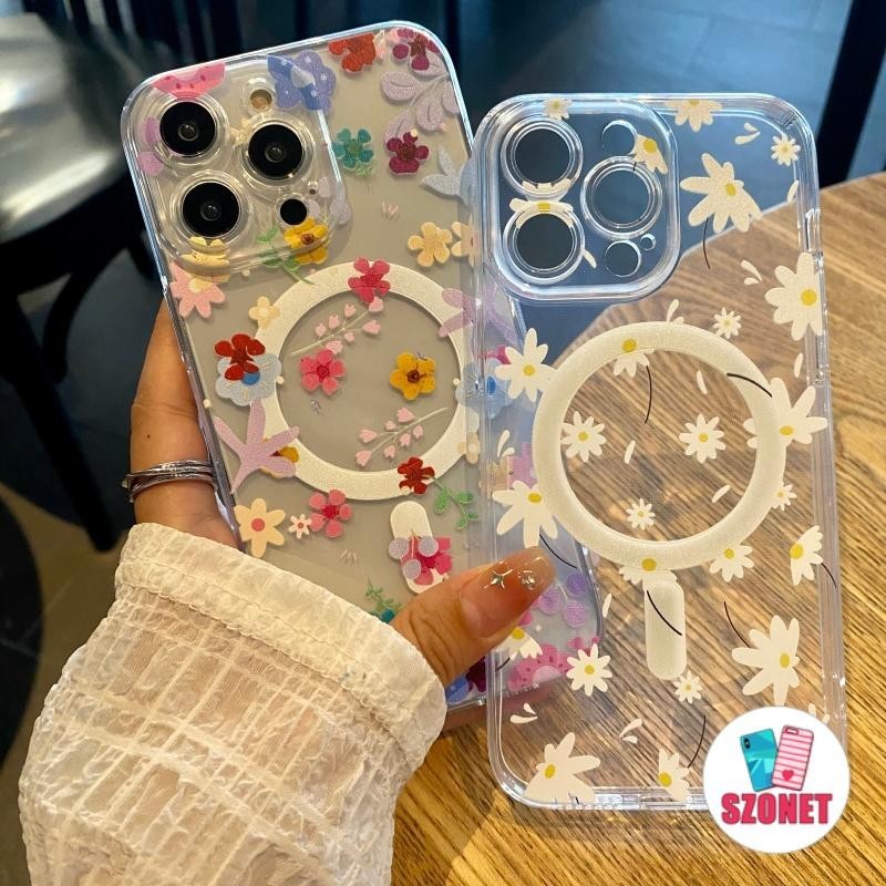 เคสโทรศัพท์มือถือแบบนิ่ม ใส กันกระแทก ลายดอกไม้ พร้อมที่ชาร์จแม่เหล็กไร้สาย สําหรับ iPhone 15 14 13 12 11 Pro Max 15 Plus XS XR X 8 7 6S Plus + SE 2020