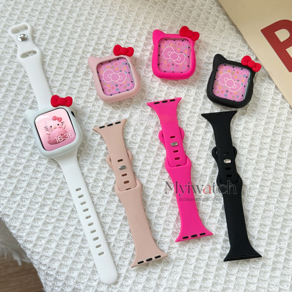 น่ารักการ์ตูน KT เคสซิลิโคน + สายซิลิโคนบางสําหรับ iwatch series 11 10 9 S8 7 6 5 SE 4 sport สันทนาการนาฬิกา 42/46/44/45/41/40/38 มม.