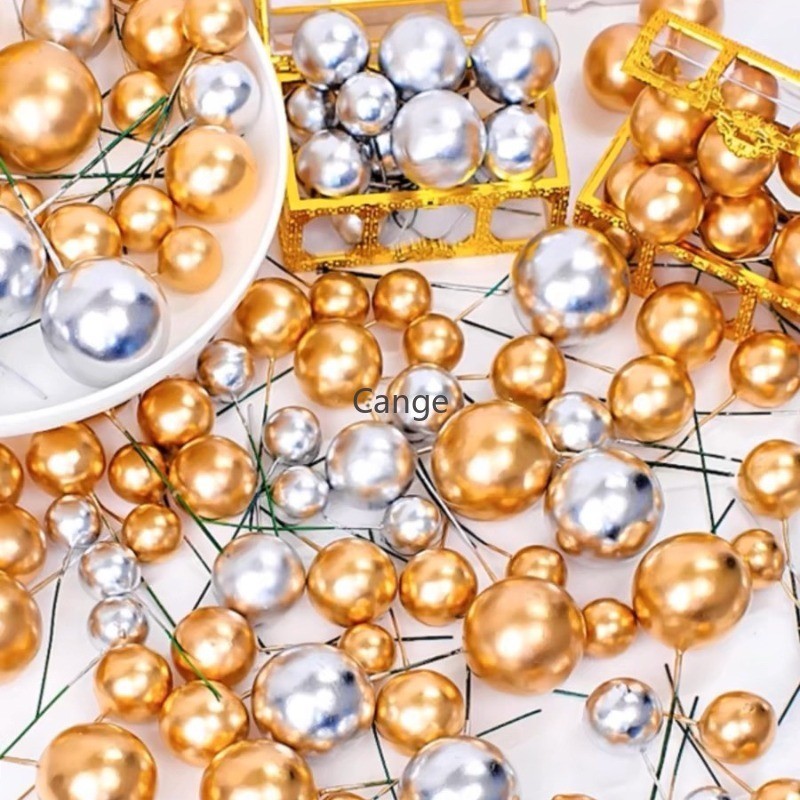 10ชิ้น/เซ็ต สีโฟมบอลอุปกรณ์ตกแต่งเค้กลูกบอลสีทองลูกเงินงานเลี้ยงวันเกิดปลั๊กอินตกแต่ง