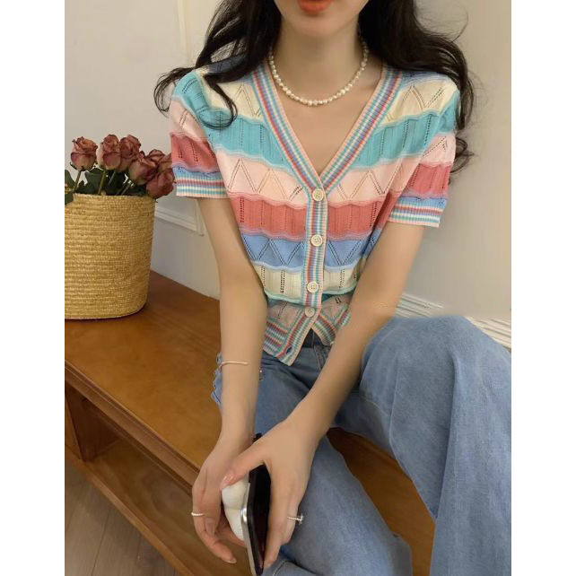 GAKKI เสื้อคาร์ดิแกนแขนสั้นลายถักสีรุ้งสำหรับผู้หญิง เสื้อครอปอเนกประสงค์และหลากหลาย ฟรีไซส์ พร้อมส่ง 29053-1#