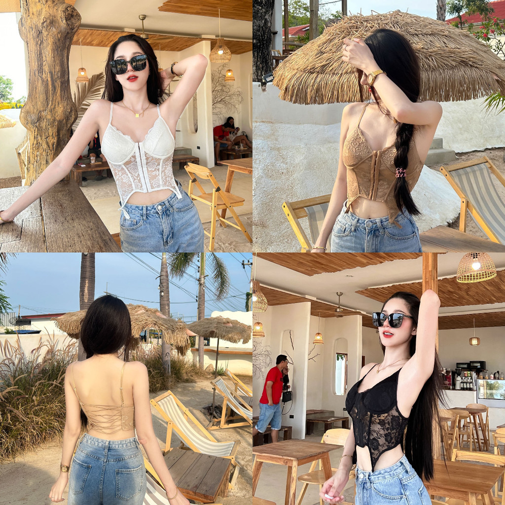 Aurora🛒พร้อมส่ง🚚(รูปถ่ายจากงานจริง) เสื้อแขนกุดผู้หญิง ลูกไม้ สีพื้น สไตล์เซ็กซี่ ย้อนยุค เชือกแขวนคอด้านบน