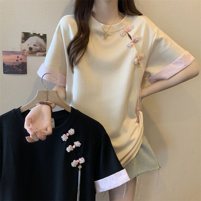 [Tops Oversize] เสื้อยืดแขนสั้น คอกลม ทรงหลวม ลายกบ สไตล์จีน เรโทร พลัสไซซ์ (40-150 กก.)