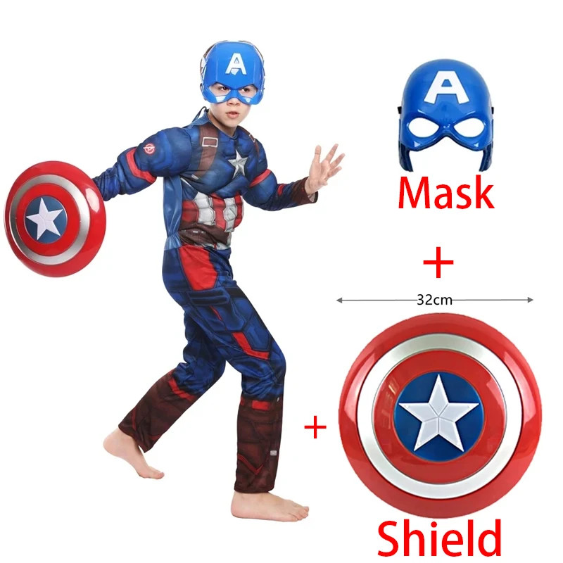 Marvel Captain America Cosplay Costumeหน้ากาก โล่ อุปกรณ์ประกอบฉากคอสเพลย์สำหรับเด็ก ชุดซูเปอร์ฮีโร่