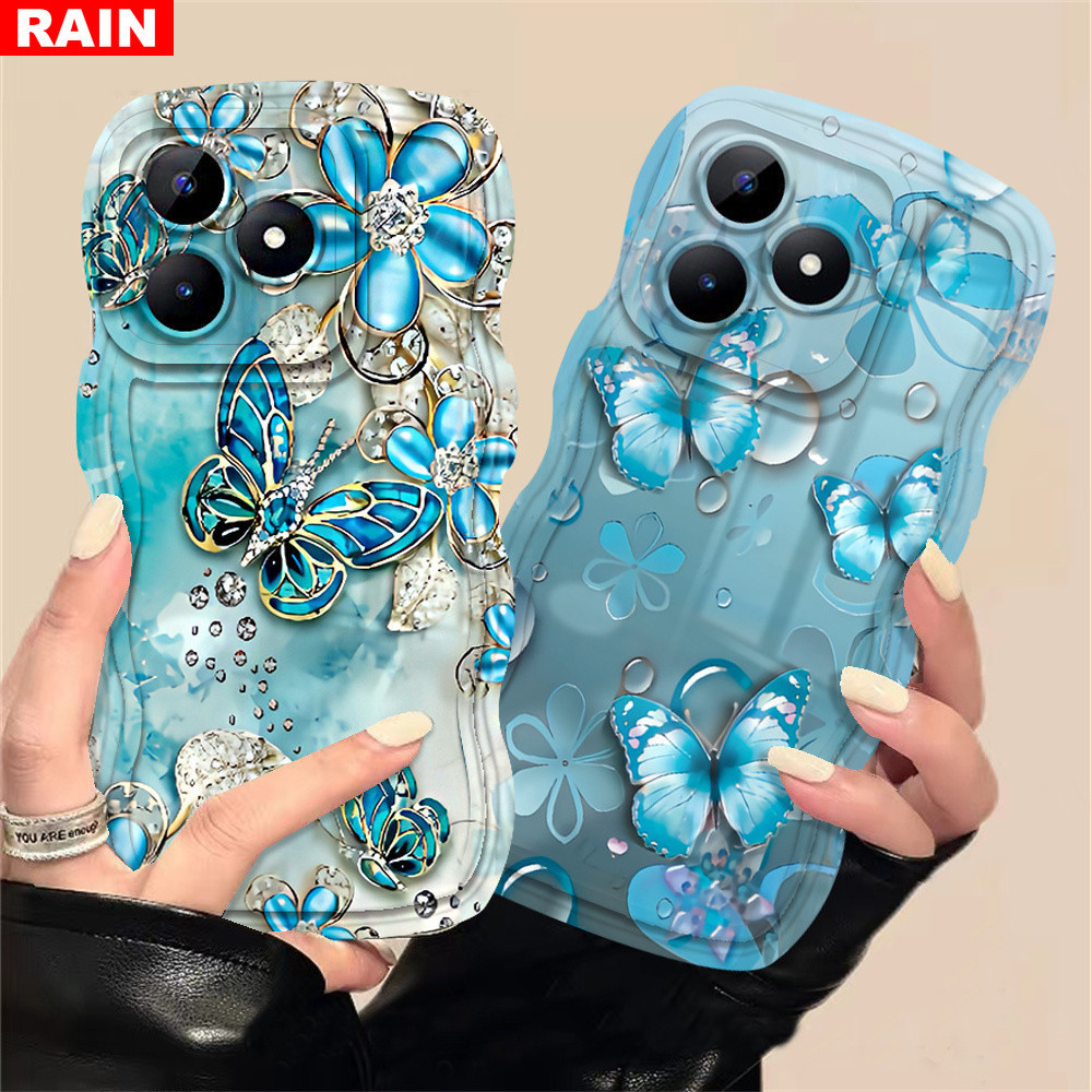 เคสโทรศัพท์มือถือ ลายผีเสื้อ ประดับเพชร สีฟ้า สําหรับ Realme C53 C55 C51 10 C30 C31 C33 C35 C21Y C25Y C11 2021 C15 C25 C17 C12 C3 C2 8i 7i Realme5 5i 6i 7 Pro Narzo 50A N53