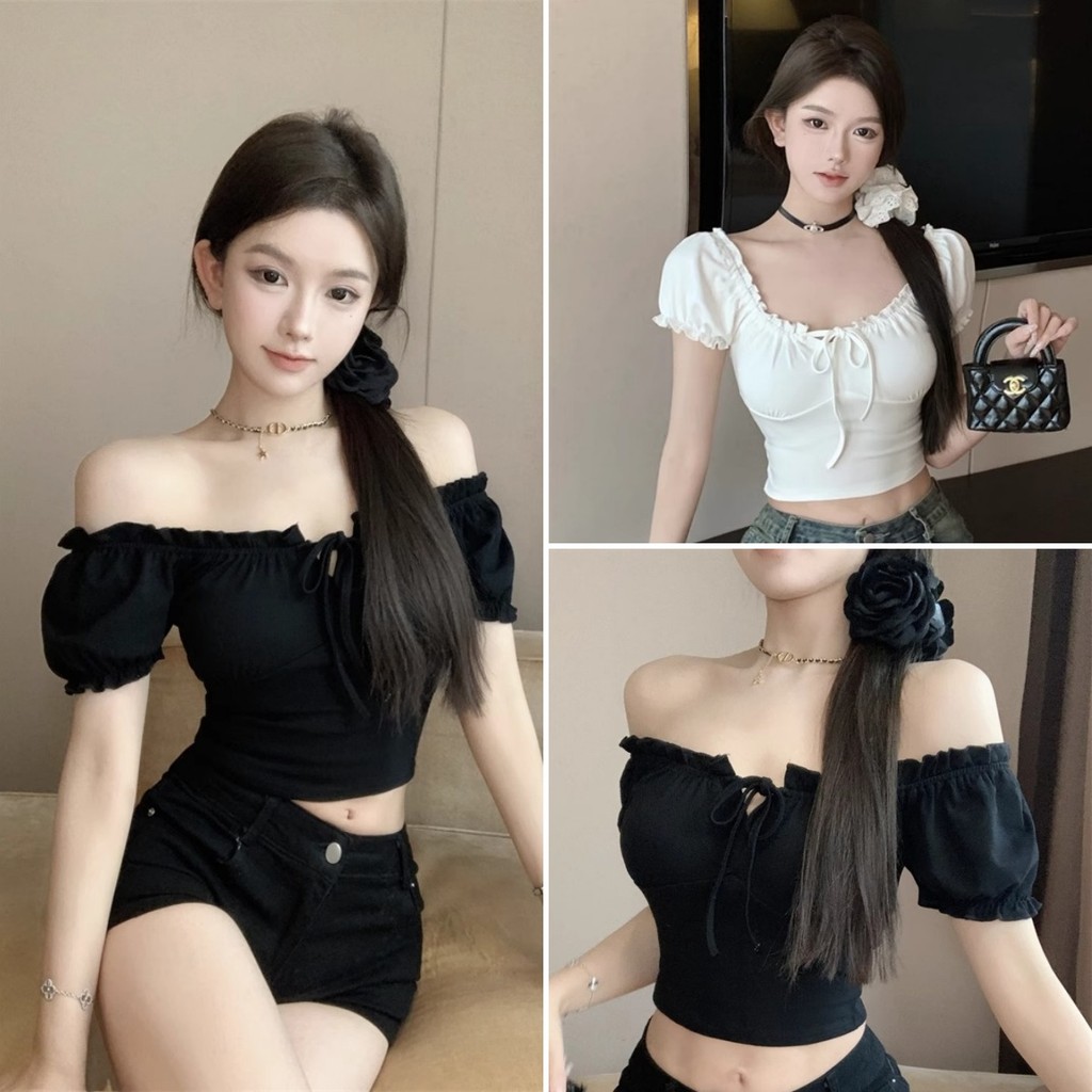 cherryshop พร้อมส่ง เสื้อยืดแขนพัฟคอเหลี่ยมแบบฝรั่งเศสสำหรับผู้หญิง สีทึบ สไตล์สลิมสั้น ที่มีเชือกรูด หวานและเซ็กซี่
