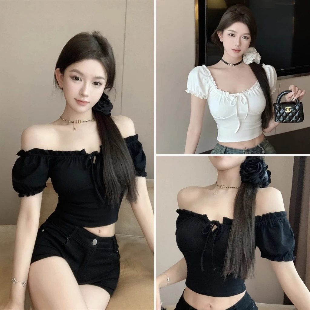 cherryshop พร้อมส่ง เสื้อยืดแขนพัฟคอเหลี่ยมแบบฝรั่งเศสสำหรับผู้หญิง สีทึบ สไตล์สลิมสั้น ที่มีเชือกรูด หวานและเซ็กซี่