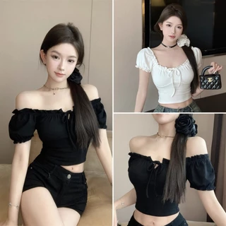 cherryshop พร้อมส่ง เสื้อยืดแขนพัฟคอเหลี่ยมแบบฝรั่งเศสสำหรับผู้หญิง สีทึบ สไตล์สลิมสั้น ที่มีเชือกรูด หวานและเซ็กซี่