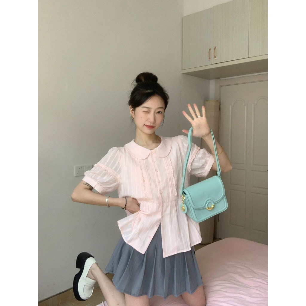 French Sweet Youthful Doll Collar Short Sleeve Shirt for Women Summer Petite Bust Style Pink Blouse Top Trendy - รูปที่ 6
