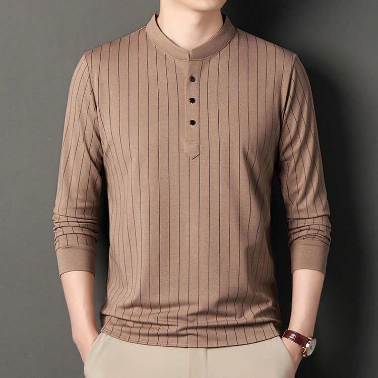 Polo2025 ใหม่ขนาดเล็ก Stand Up Collar เสื้อโปโลเสื้อฐานผ้าระดับไฮเอนด์พร้อมโปโลแขนยาวผู้ชายสัมผัสสบาย