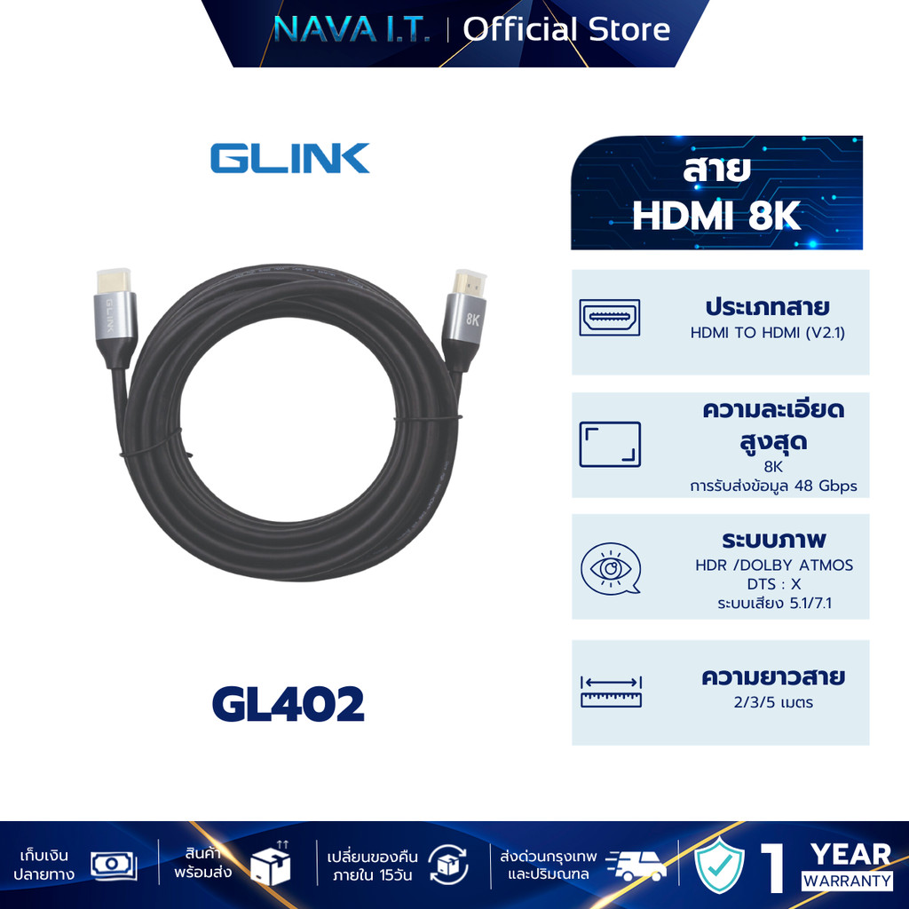 GLINK GL-402 GL402 CABLE สายHDMI 8K (V.2.1) M/M ขนาด 2 / 3 / 5 เมตร