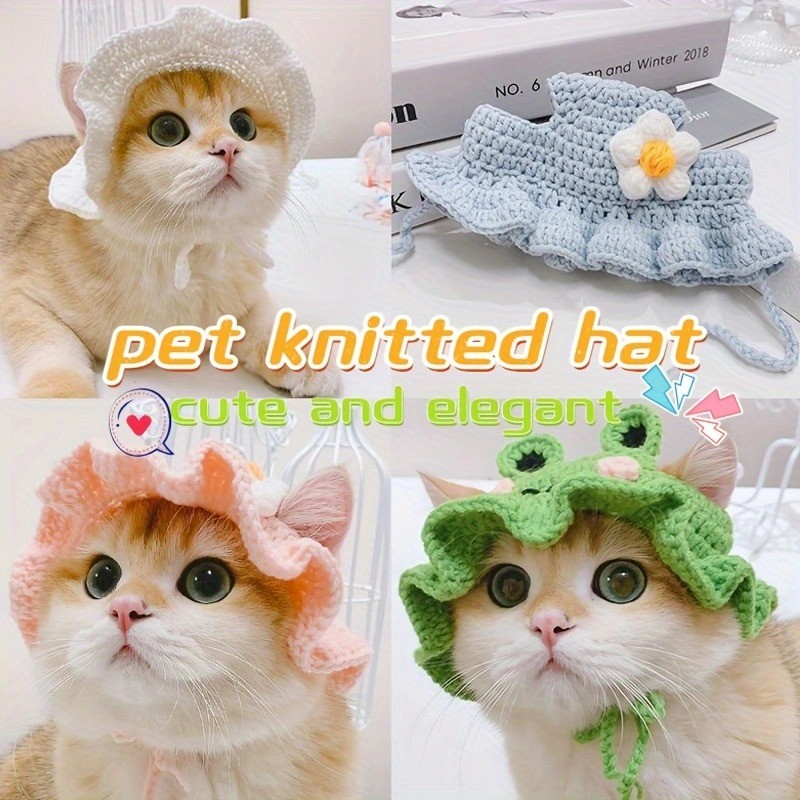 แมวถักแมวน่ารัก หมวกดอกไม้กบสตรอเบอร์รี่ หมวกบทบาทลูกสุนัข หมวกสัตว์เลี้ยงตลก