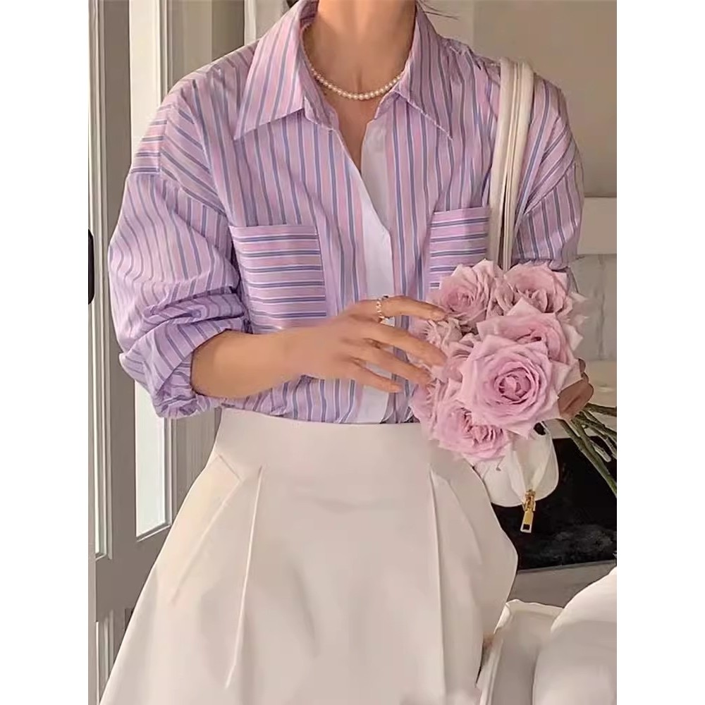 ฤดูใบไม้ผลิเกาหลี สไตล์เรโทร คอปกพับ กระเป๋าคู่ ทรงหลวม คลาสสิก แขนยาวลายทางสำหรับผู้หญิง MZWH