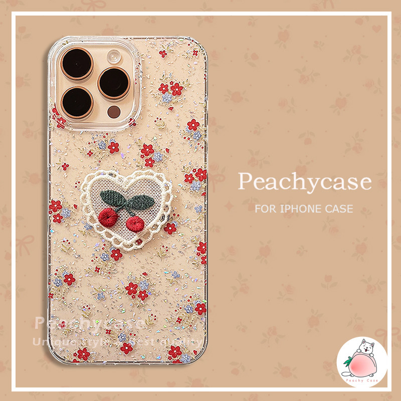 เกาหลีเย็บปักถักร้อยหัวใจรักเชอร์รี่ดอกไม้เคสโทรศัพท์เข้ากันได้สําหรับ ไอโฟน 16 15 14 บวก 13 12 11 มือโปร สูงสุด เอ็กซ์อาร์ Xs X ทีพียู ใสปกหลังปลอกกันกระ