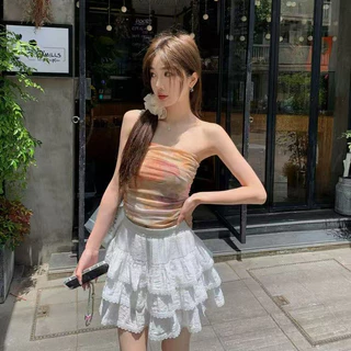 🌺GGals​🌺​เสื้อเกาะอก มีฟองน้ำ พิมพ์ลาย เสื้อครอปแขนกุด สไตล์เกาหลี สวยๆ เซ็กซี่ ใส่สบาย ส่งไวจากไทย