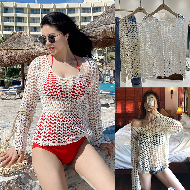 เสื้อลายหัวใจ เสื้อถักตาข่าย ใส่คลุมBikiniใส่คลุมสายเดี่ยวได้ ป้องกันแสงแดด summer ไปที่ชายหาด