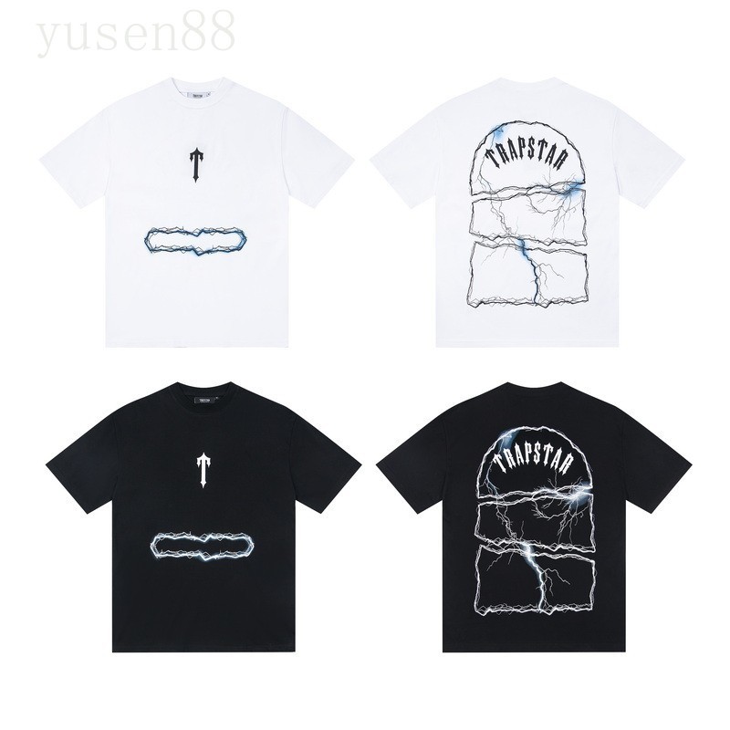 ขายร้อน trapstar พิมพ์ผ้าฝ้ายแท้สไตล์ใหม่ High Street Lightning พิมพ์หลวมเสื้อยืด