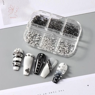 [maybeauty] 6 กริด Y2K Punk โลหะ Rivet เล็บ Charms กรวยผสม Sized สีดําเงินเล็บ Studs 3D สไตล์โลหะผสม Spike สําหรับ DIY เล็บตกแต่ง {TH}