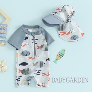 ชุดว่ายน้ํา แขนสั้น มีซิปด้านหน้า พิมพ์ลายการ์ตูนปลา พร้อมหม…