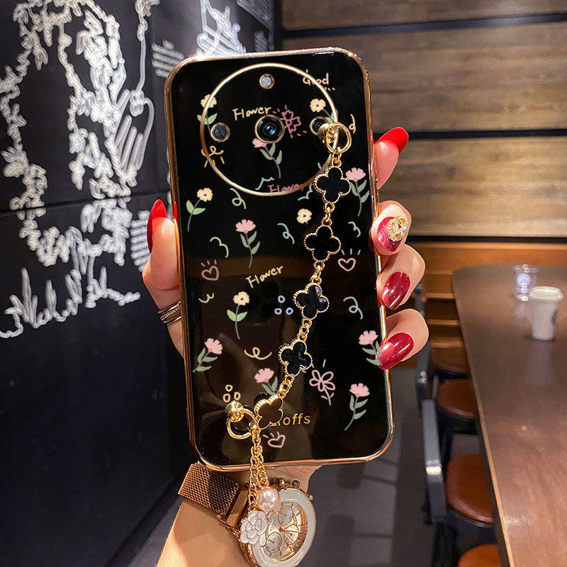 เคสโทรศัพท์มือถือ กันกระแทก ลายดอกไม้ ใบโคลเวอร์สี่แฉก พร้อมสายคล้องมือ สําหรับ Oppo Realme 10 4G Realme 11 4G 5G Realme 10 11 Pro Plus 5G