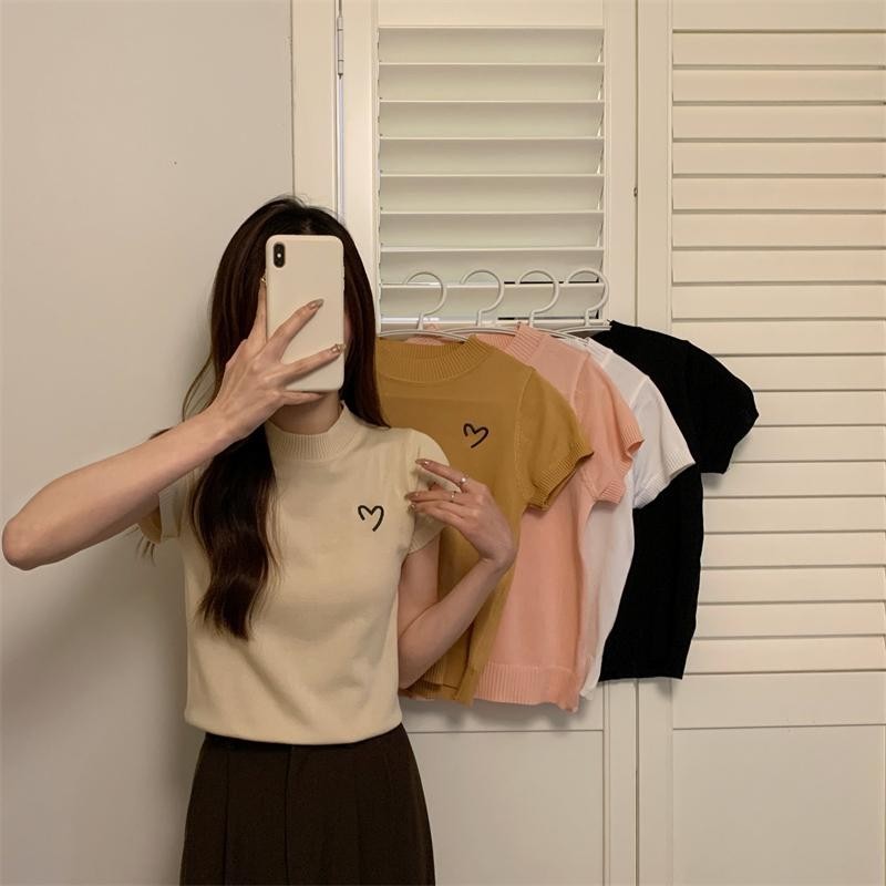 Littlebee 84318 เสื้อถักปักลายผู้หญิง ดีไซน์สวย ช่องรัก สไตล์เกาหลี ใหม่ คอจำลอง เสื้อแขนสั้นสีทึบ ฤดูใบไม้ผลิ