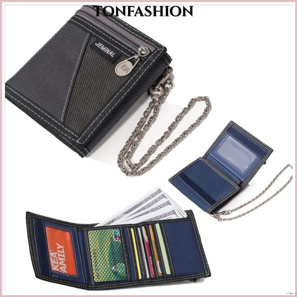Tonfashion กระเป๋าสตางค์ ผ้าแคนวาส มีซิป ใส่เหรียญได้หลายช่อง แบบพกพา พร้อมสายโซ่ สําหรับผู้ชาย