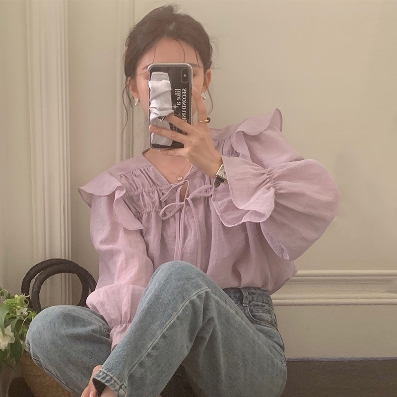 Xiao2 ฤดูใบไม้ผลิใหม่สไตล์อ่อนโยน V คอ Laced-Up Bowknot Ruffled หลวม All-Match Flared Sleeve เสื้อเกราะหญิงจับคู่เข็มฉีด VZNU