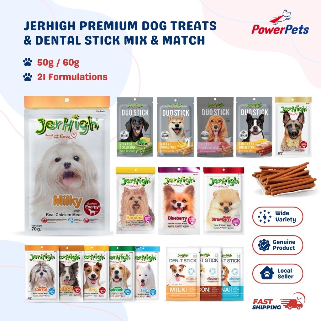 Jerhigh Premium Dog Treats and Dental Stick Mix &amp; Match 50g/60g - Healthy Training Snacks for Skin, Coat &amp; Energy Boost