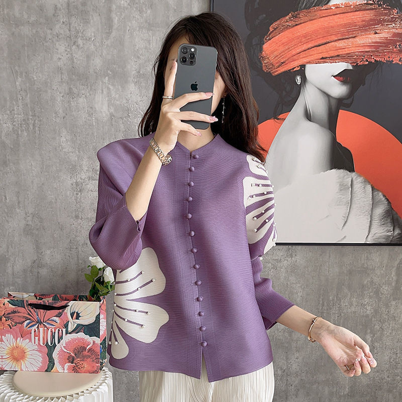 Sanzhai Pleated Style Splicing Beads Shirt Large Size Spring and Summer New Mom Clothes Cardigan Temperament Fashion Loose Top