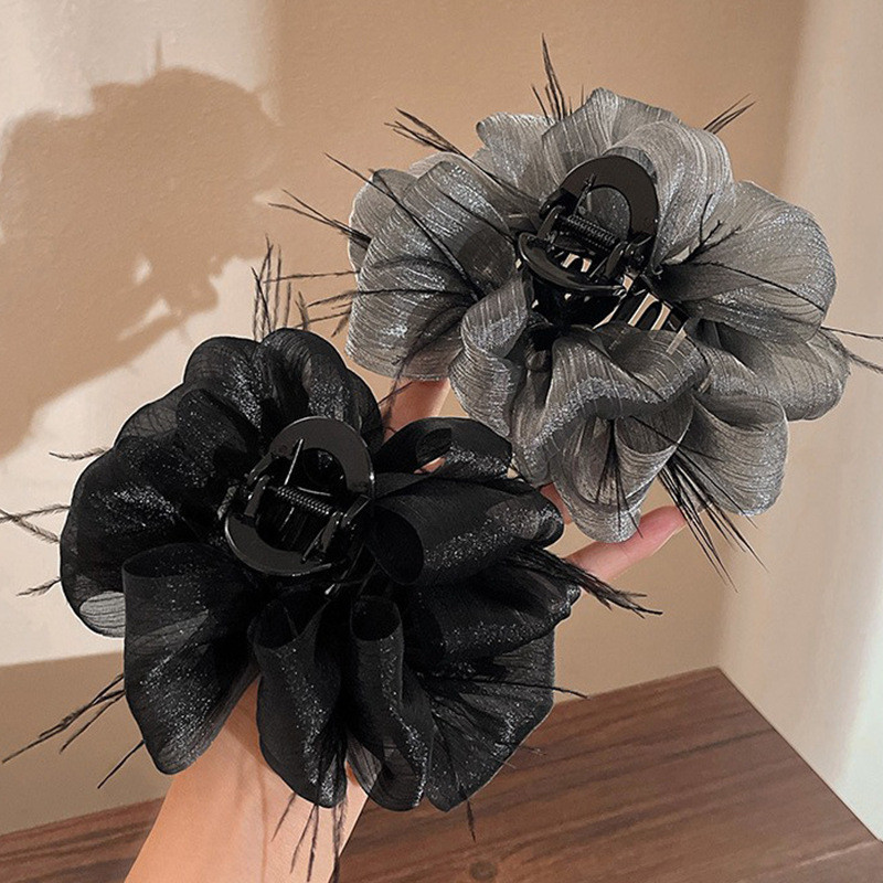 2024 Feather Bow Grab Clip High-End Temperament Clip กิ๊บติดผมผ้าโพกศีรษะ