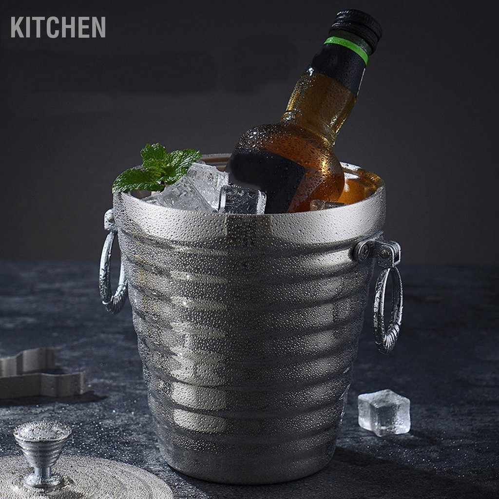Kitchen ถังน้ำแข็งถังไวน์สแตนเลสผนังคู่พร้อมฝาปิดแหนบกรองภาชนะน้ำแข็งความจุขนาดใหญ่สำหรับปาร์ตี้บาร์