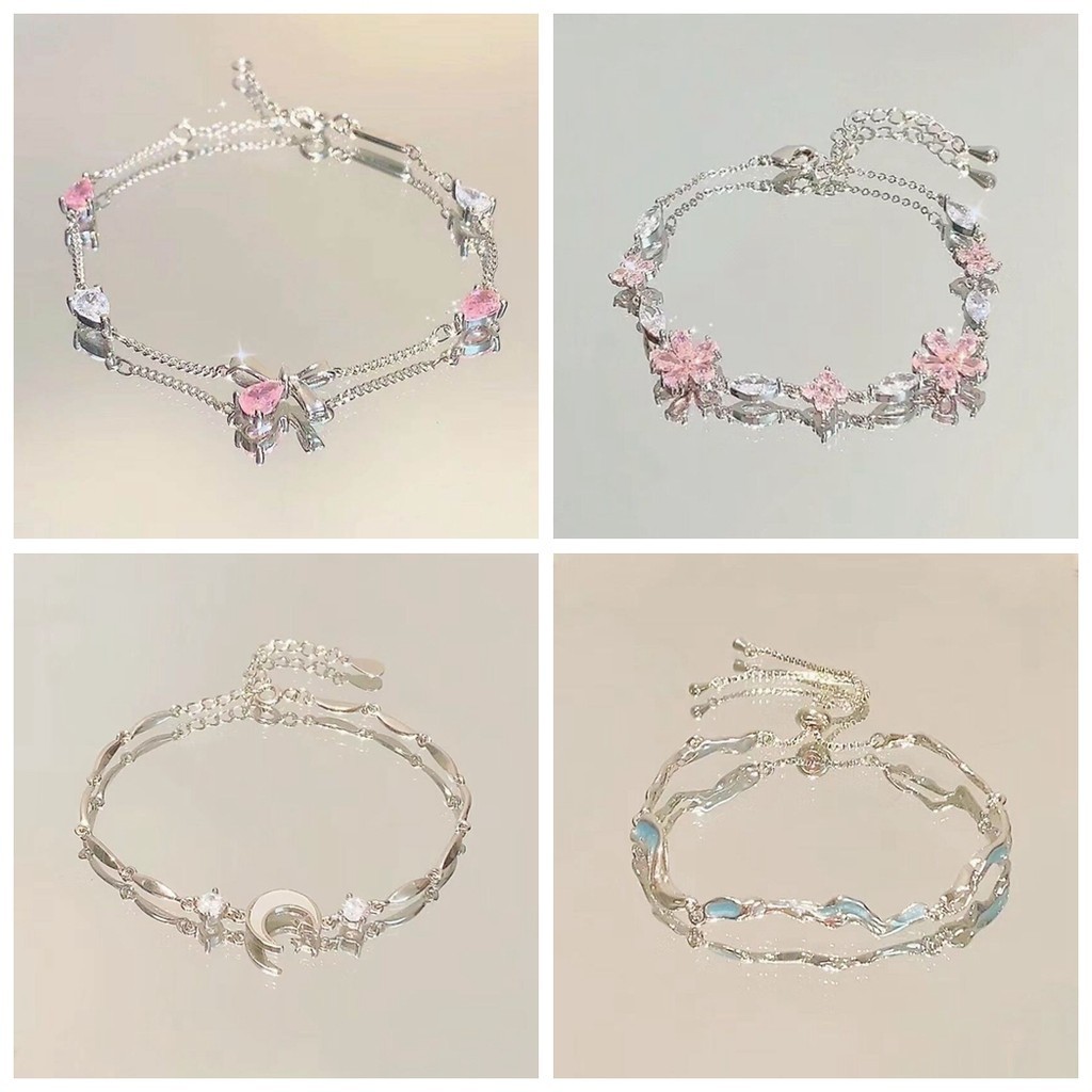 สร้อยข้อมือ โลหะผสม ประดับโบว์ ดอกไม้ ดวงจันทร์ พลอยเทียม สไตล์เกาหลี สําหรับผู้หญิง