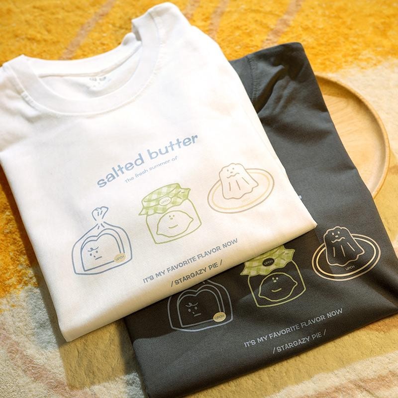 เกาหลี เสื้อแบบดารา เสื้อยืดแขนสั้น CMDXY0492 ผู้ชาย ผู้หญิง ลายทาง ตัวอักษร หลวม ลายสกรีน ฤดูร้อน ฤดูใบไม้ผลิ