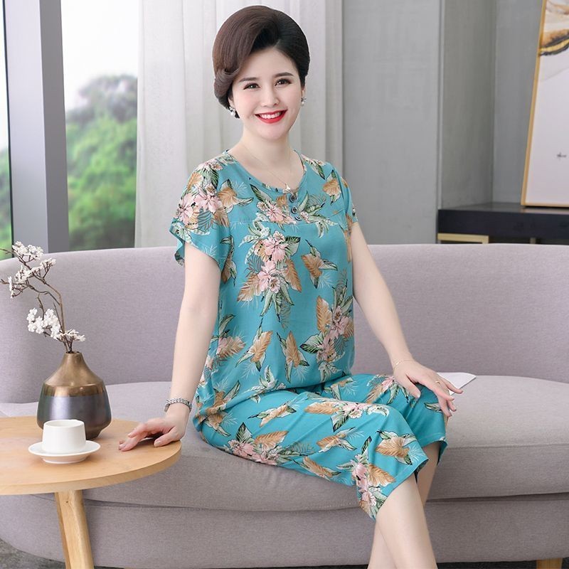 ชุดนอนผ้าฝ้าย ผ้าเรยอน แบบบาง เหมาะกับฤดูร้อน สําหรับผู้สูงอายุ และผู้หญิงวัยกลางคน